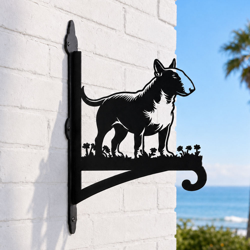 Bull terrier metal hanging basket bracket mounted on outdoor wall for plant decoration