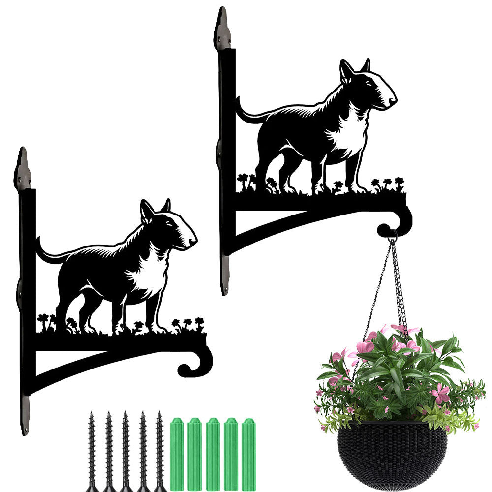 Bull terrier metal hanging basket bracket mounted on outdoor wall for plant decoration