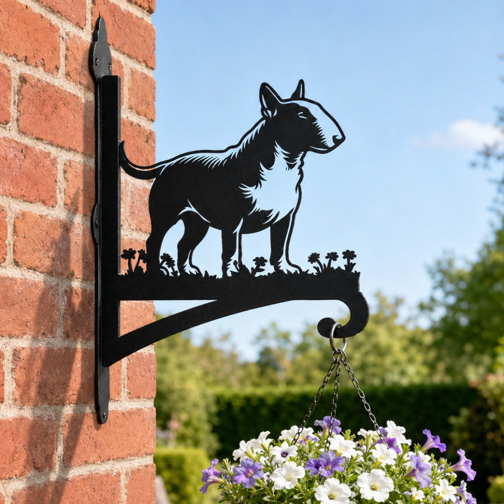 Bull terrier metal hanging basket bracket mounted on outdoor wall for plant decoration