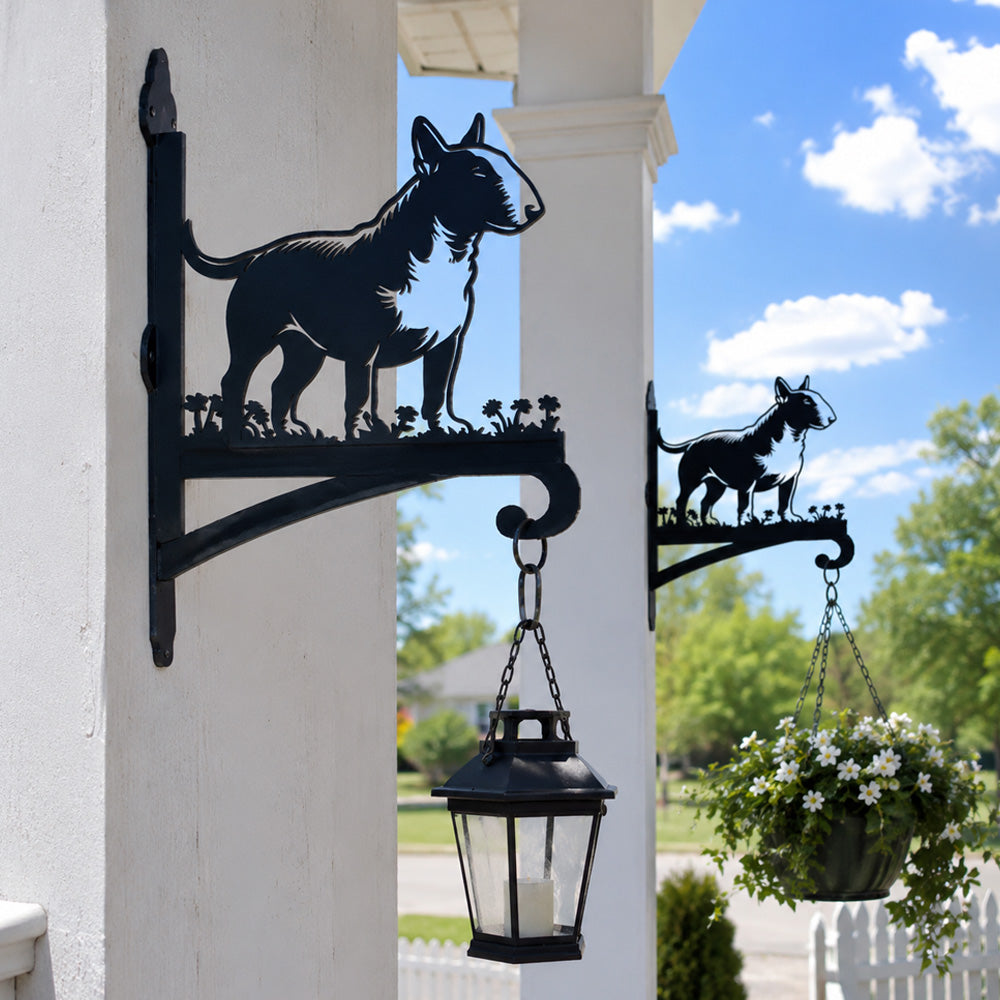 Bull terrier metal hanging basket bracket mounted on outdoor wall for plant decoration