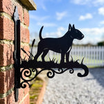 Bull terrier metal hanging basket bracket mounted on outdoor wall for plant decoration