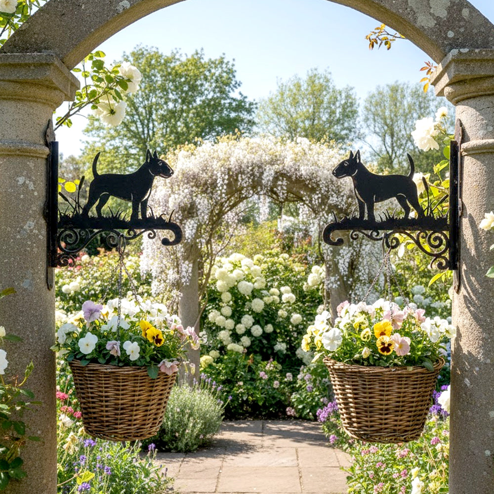 Bull terrier metal hanging basket bracket mounted on outdoor wall for plant decoration