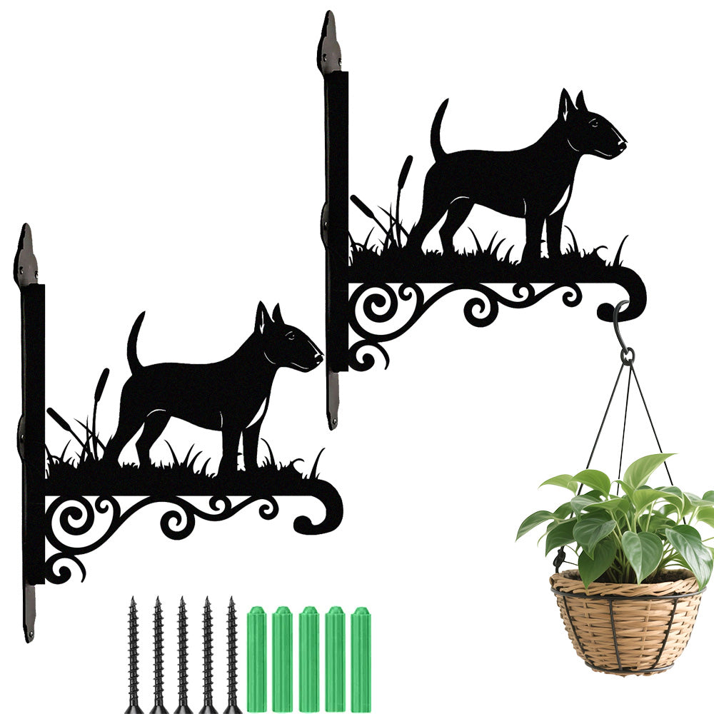 Bull terrier metal hanging basket bracket mounted on outdoor wall for plant decoration
