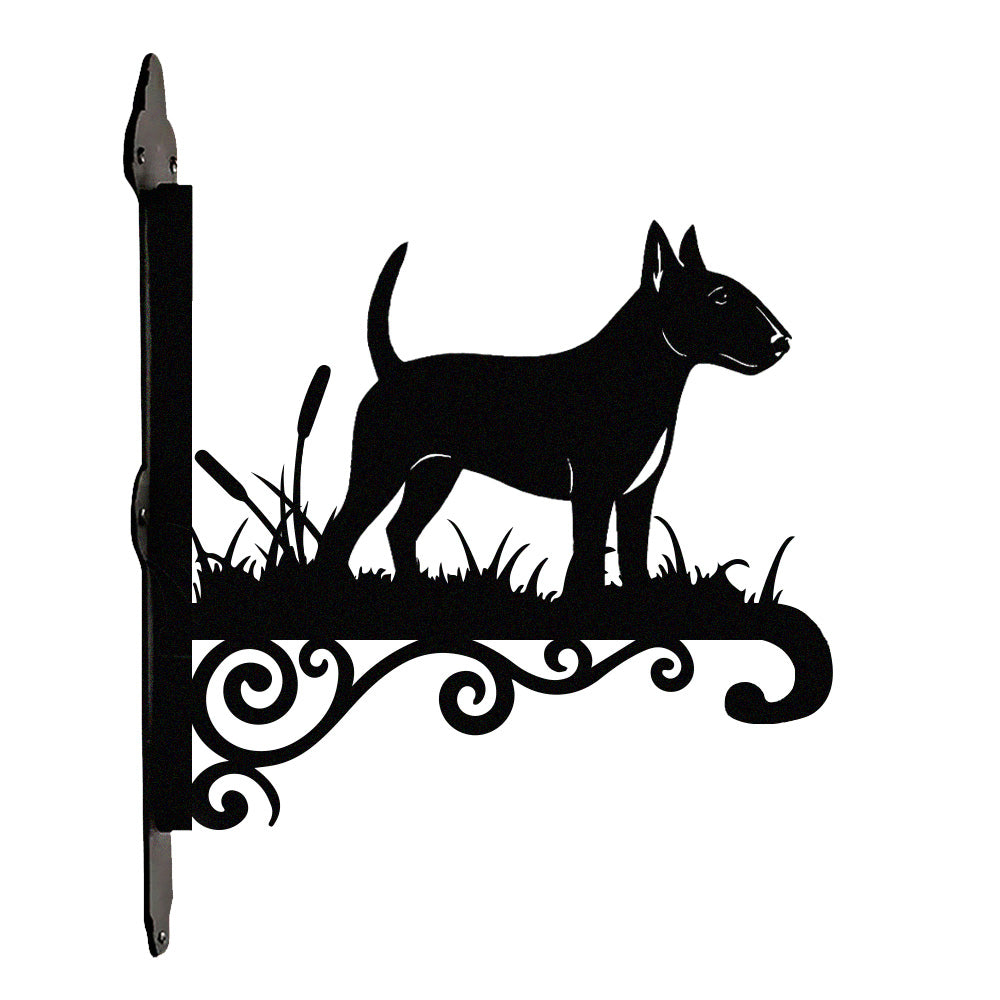 Bull terrier metal hanging basket bracket mounted on outdoor wall for plant decoration