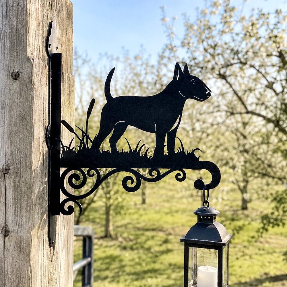 Bull terrier metal hanging basket bracket mounted on outdoor wall for plant decoration