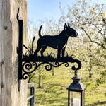 Bull terrier metal hanging basket bracket mounted on outdoor wall for plant decoration