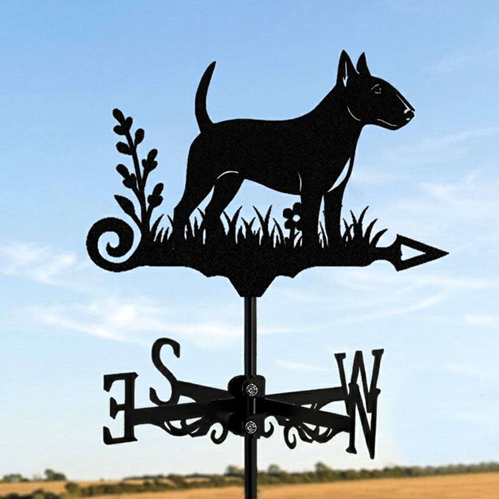 Bull Terrier metal weather vane with directional arrows and mounting rod, outdoor roof and garden decoration