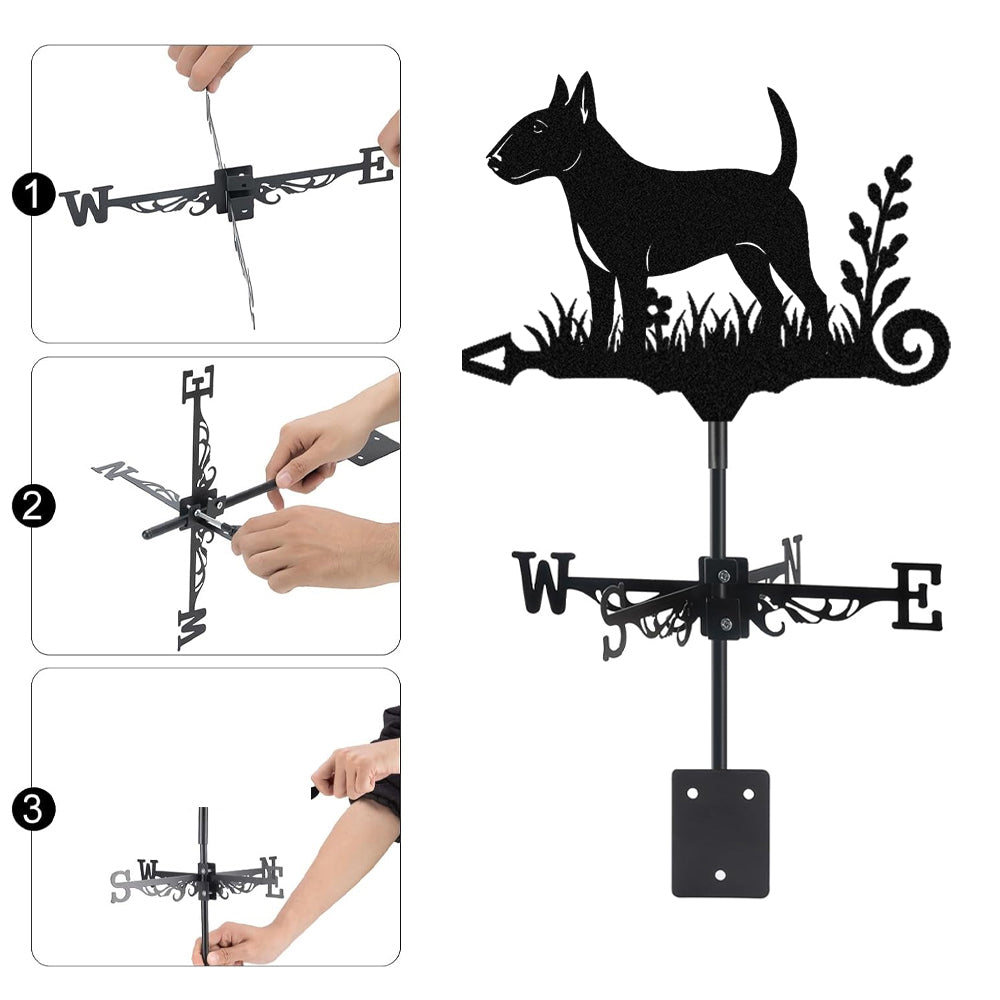 Bull Terrier metal weather vane with directional arrows and mounting rod, outdoor roof and garden decoration