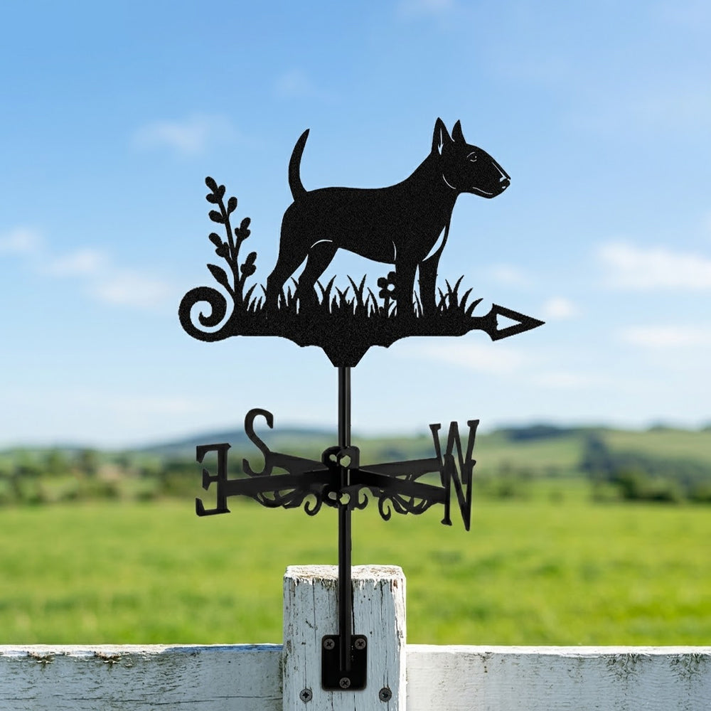 Bull Terrier metal weather vane with directional arrows and mounting rod, outdoor roof and garden decoration