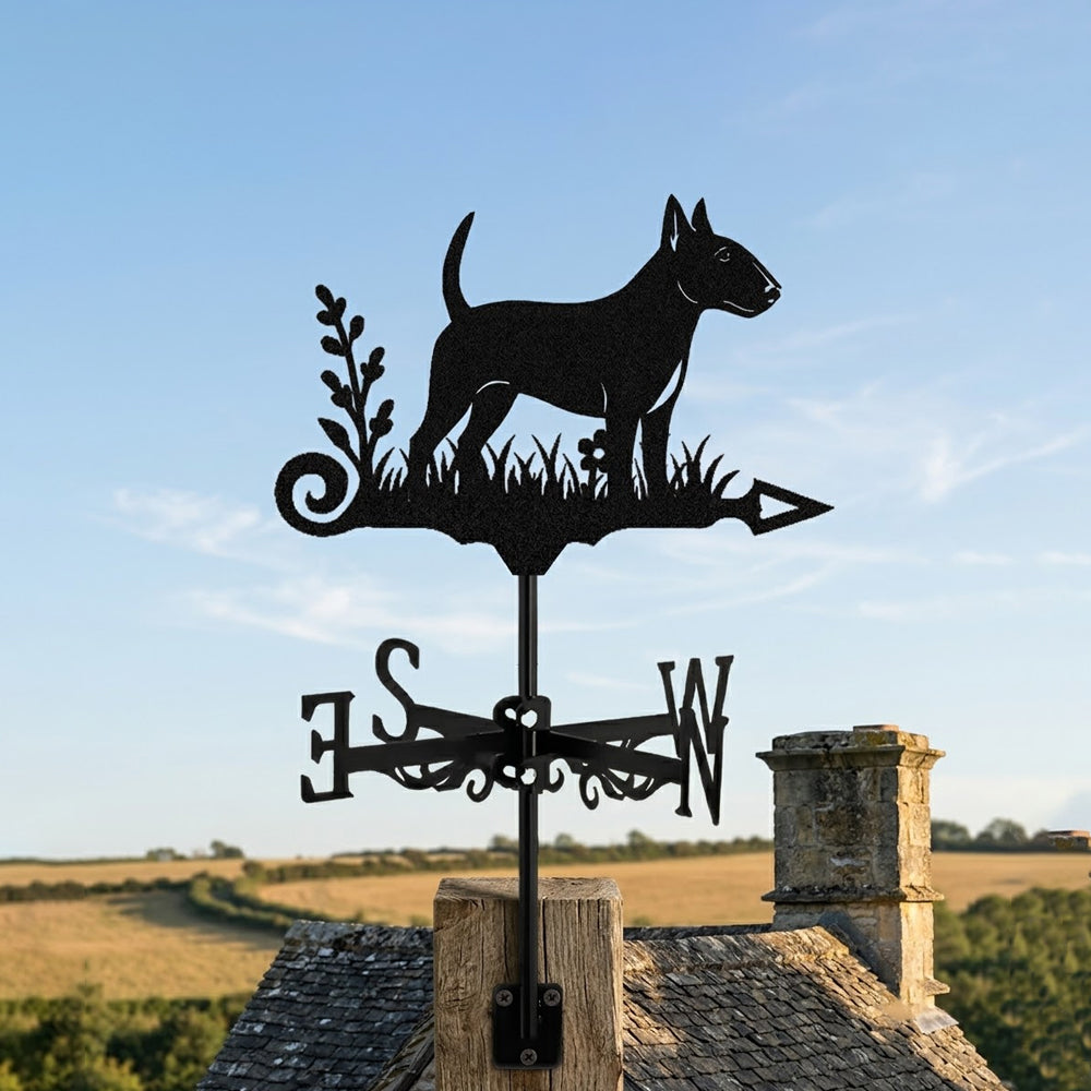 Bull Terrier metal weather vane with directional arrows and mounting rod, outdoor roof and garden decoration