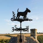 Bull Terrier metal weather vane with directional arrows and mounting rod, outdoor roof and garden decoration