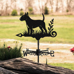 Bull Terrier metal weather vane with directional arrows and mounting rod, outdoor roof and garden decoration