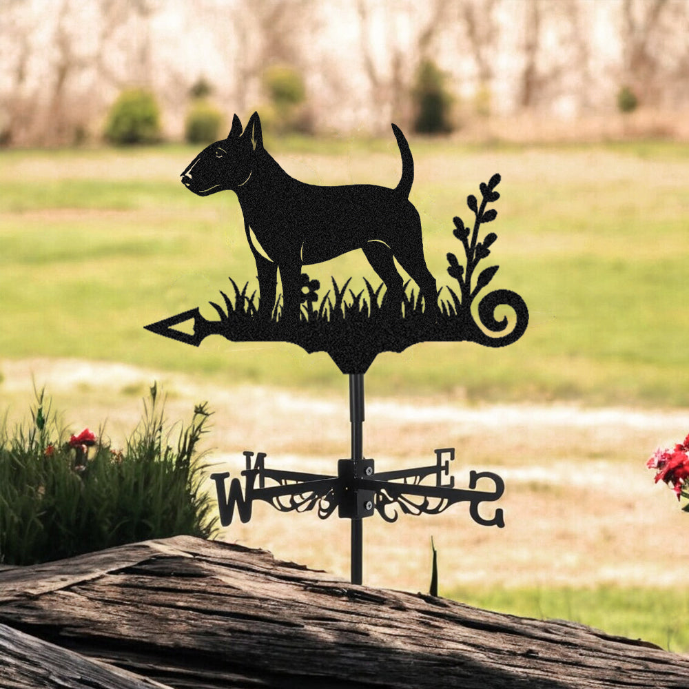 Bull Terrier metal weather vane with directional arrows and mounting rod, outdoor roof and garden decoration