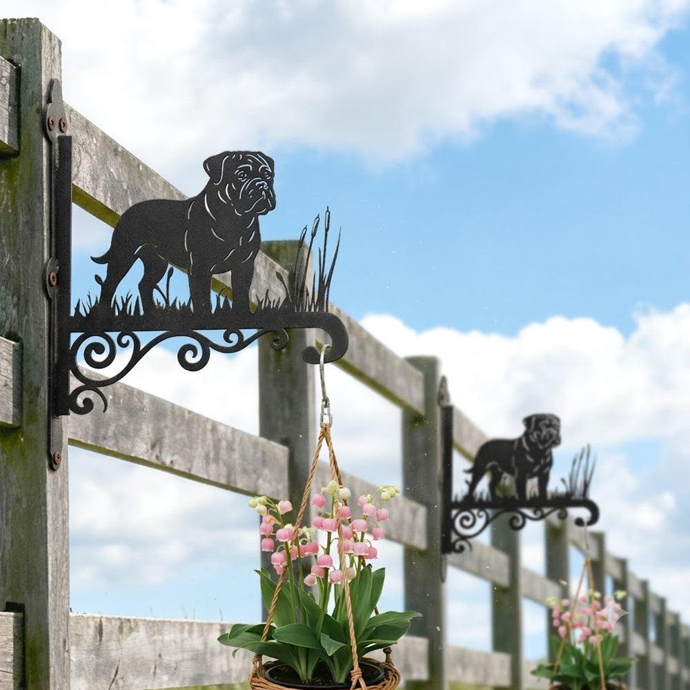 Bullmastiff metal hanging basket bracket mounted on outdoor wall for plant decoration
