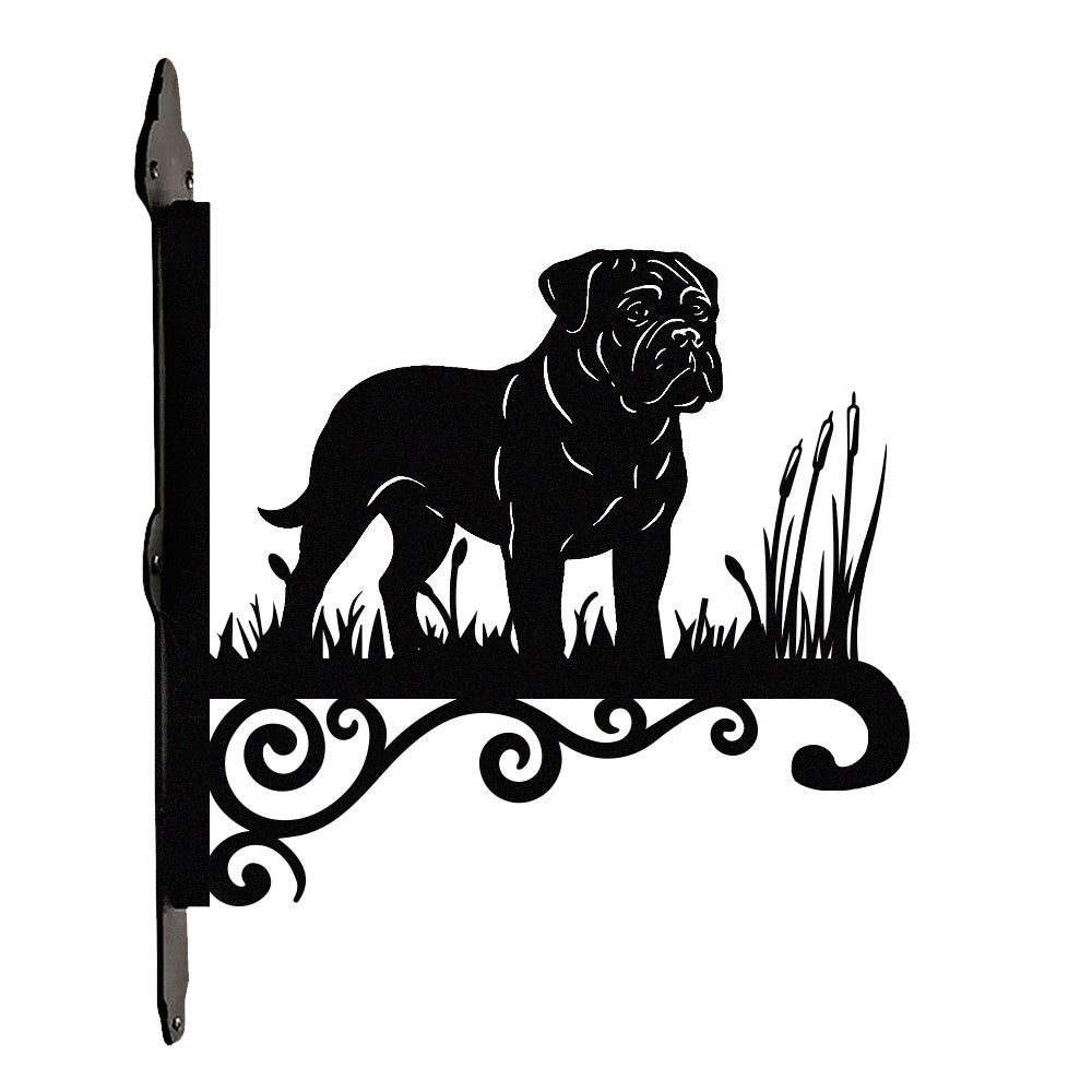 Bullmastiff metal hanging basket bracket mounted on outdoor wall for plant decoration
