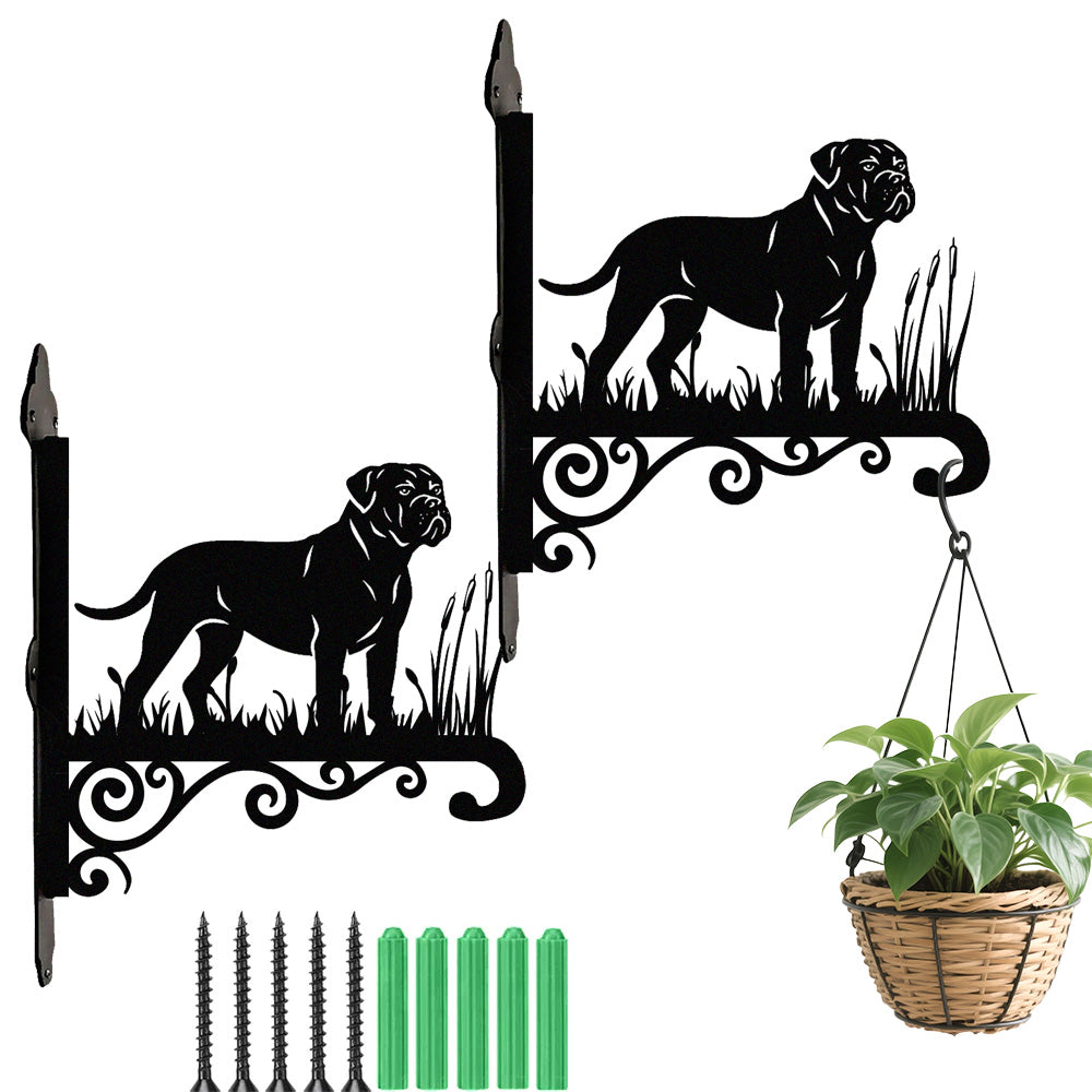 Bullmastiff metal hanging basket bracket mounted on outdoor wall for plant decoration