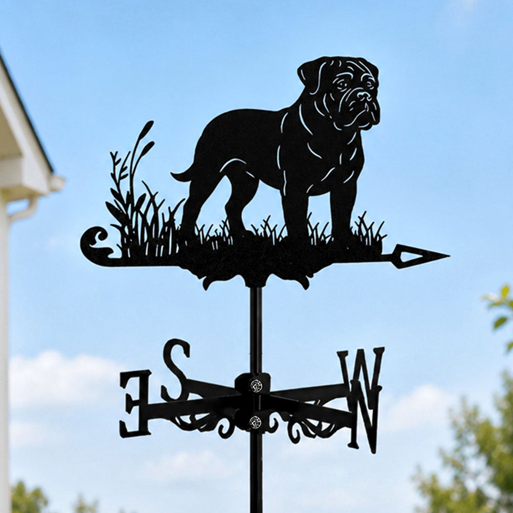 Bullmastiff metal weather vane with directional arrows and mounting rod, outdoor roof and garden decoration