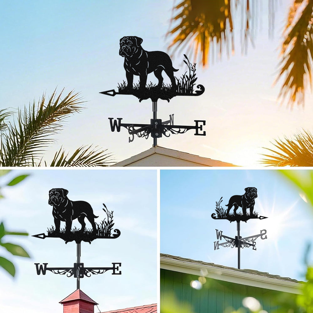 Bullmastiff metal weather vane with directional arrows and mounting rod, outdoor roof and garden decoration
