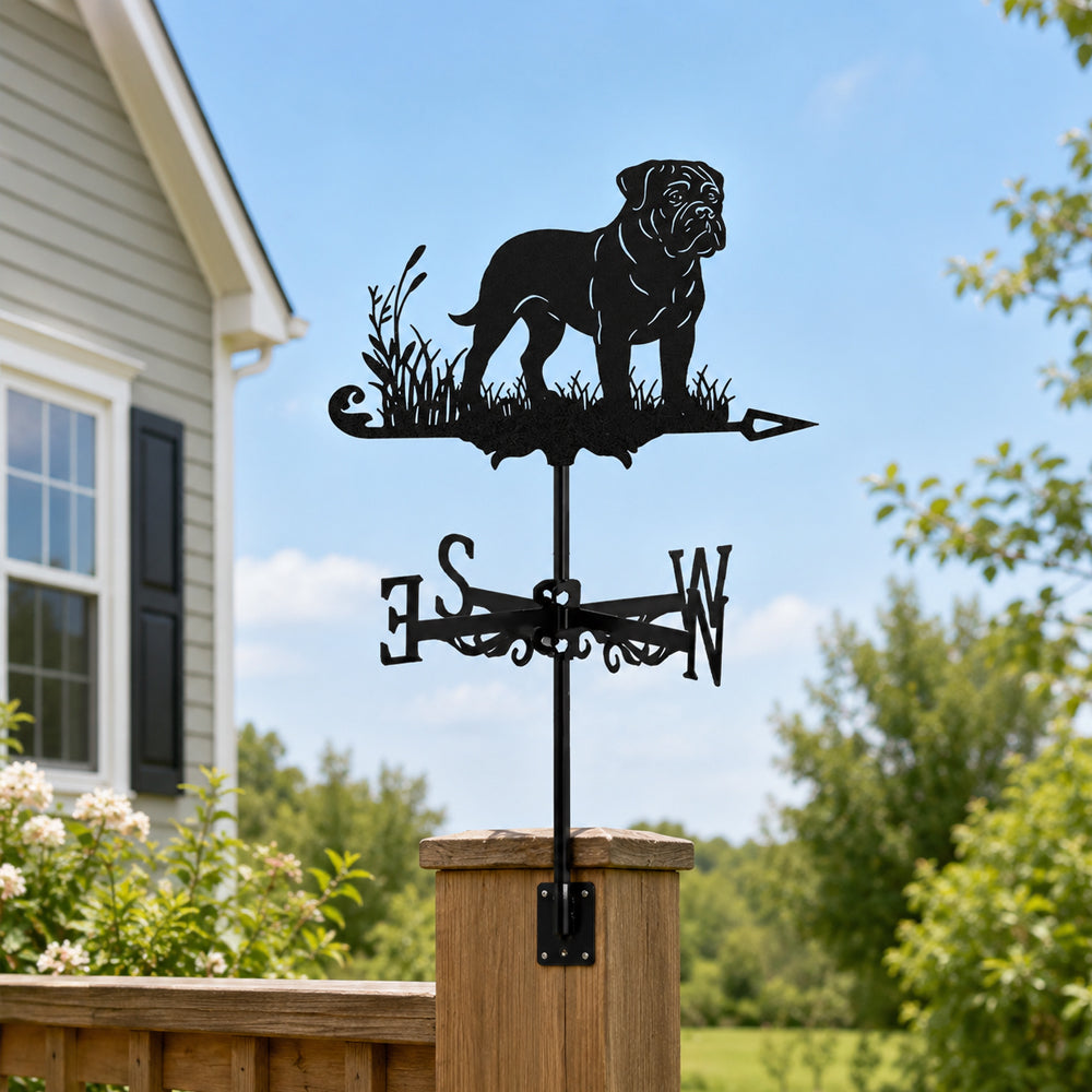 Bullmastiff metal weather vane with directional arrows and mounting rod, outdoor roof and garden decoration