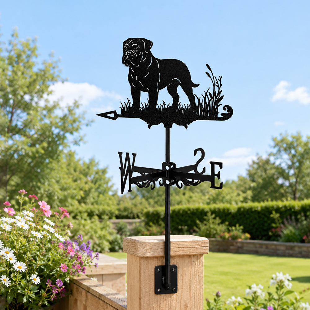 Bullmastiff metal weather vane with directional arrows and mounting rod, outdoor roof and garden decoration