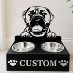 Personalized bullmastiffs metal dog bowl stand with custom name cutout and two removable feeding bowls