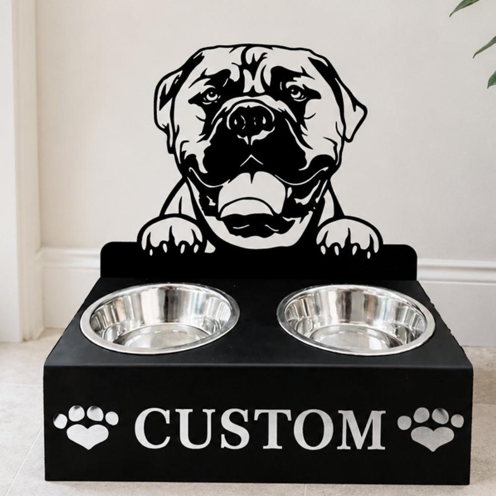 Personalized bullmastiffs metal dog bowl stand with custom name cutout and two removable feeding bowls