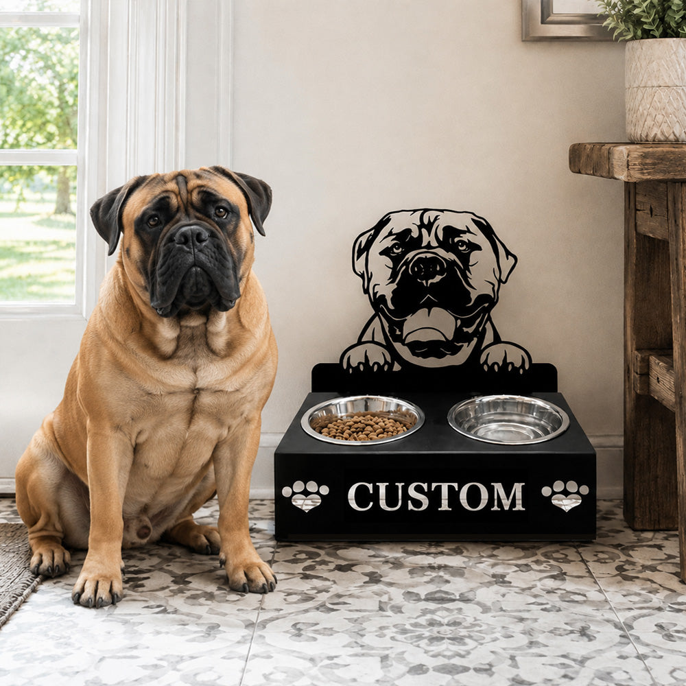 Personalized bullmastiffs metal dog bowl stand with custom name cutout and two removable feeding bowls