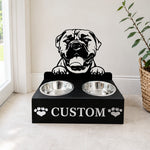 Personalized bullmastiffs metal dog bowl stand with custom name cutout and two removable feeding bowls