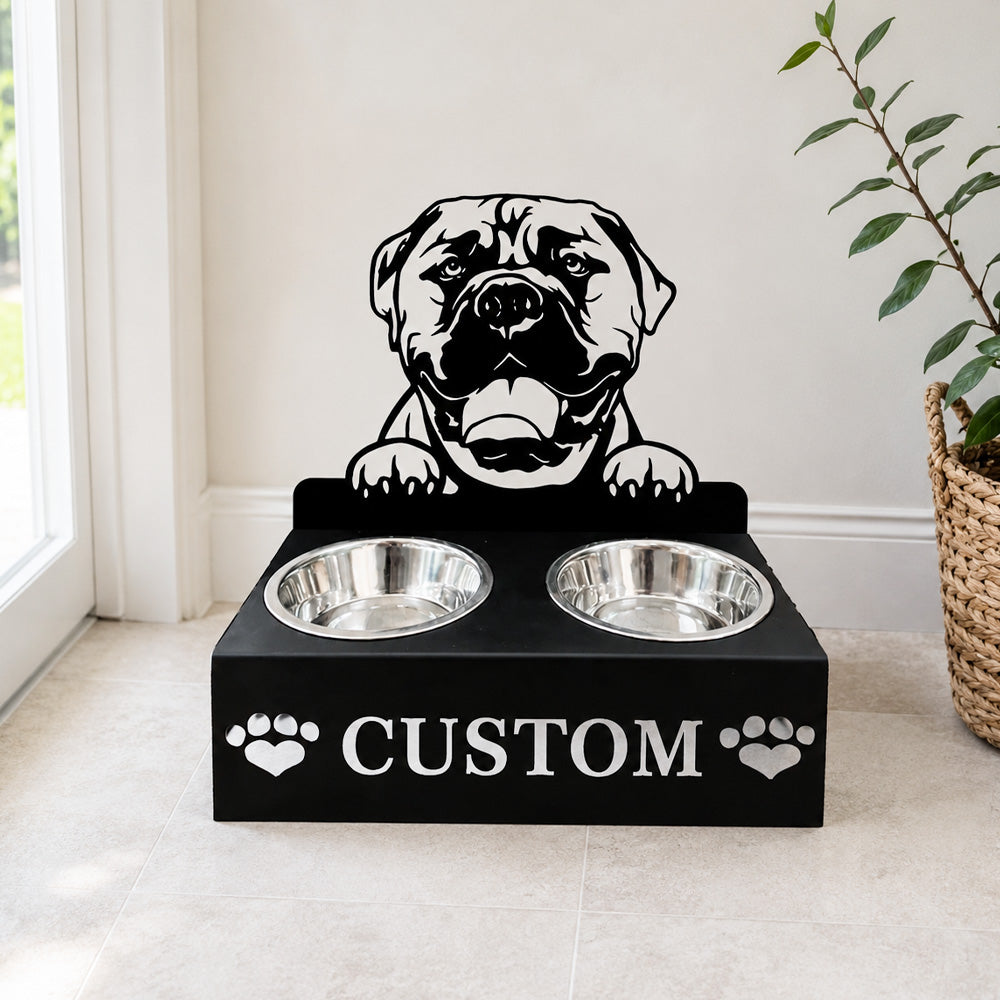 Personalized bullmastiffs metal dog bowl stand with custom name cutout and two removable feeding bowls