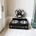 Personalized bullmastiffs metal dog bowl stand with custom name cutout and two removable feeding bowls
