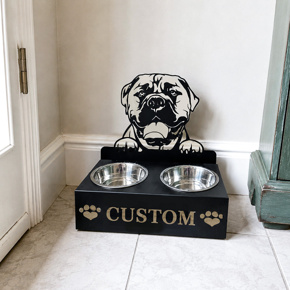 Personalized bullmastiffs metal dog bowl stand with custom name cutout and two removable feeding bowls