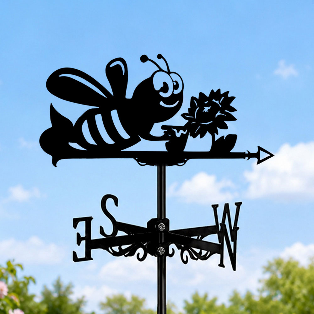 Bumble bee metal weather vane with directional arrows and mounting rod, outdoor roof and garden decoration