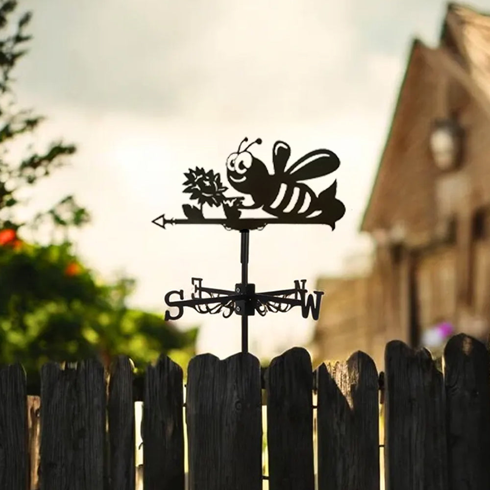 Bumble bee metal weather vane with directional arrows and mounting rod, outdoor roof and garden decoration