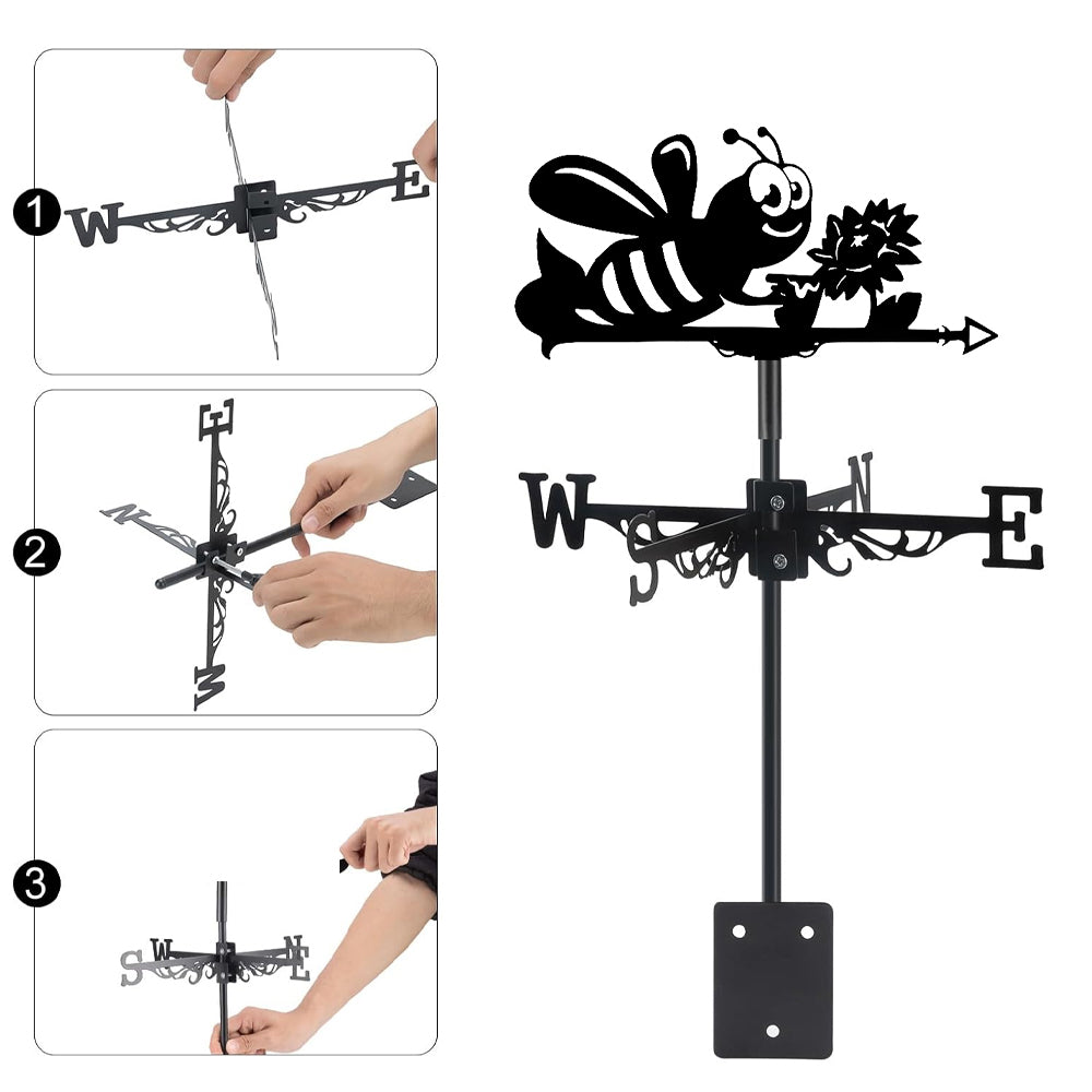 Bumble bee metal weather vane with directional arrows and mounting rod, outdoor roof and garden decoration