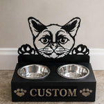 Personalized burmese cat metal cat bowl stand with custom name cutout and two removable feeding bowls