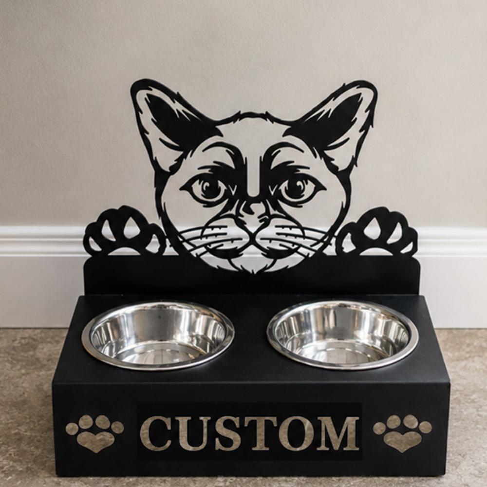 Personalized burmese cat metal cat bowl stand with custom name cutout and two removable feeding bowls