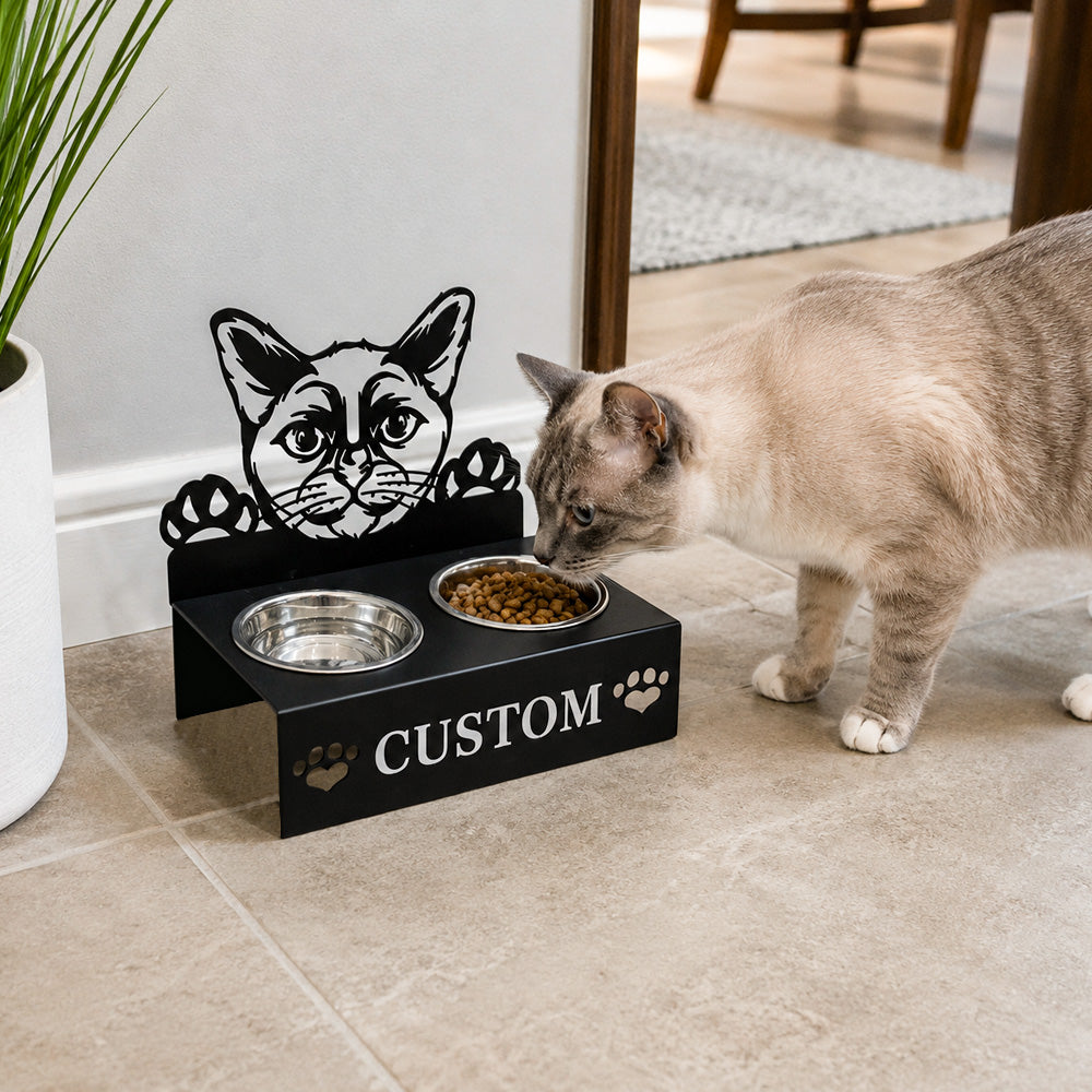 Personalized burmese cat metal cat bowl stand with custom name cutout and two removable feeding bowls
