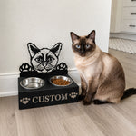 Personalized burmese cat metal cat bowl stand with custom name cutout and two removable feeding bowls