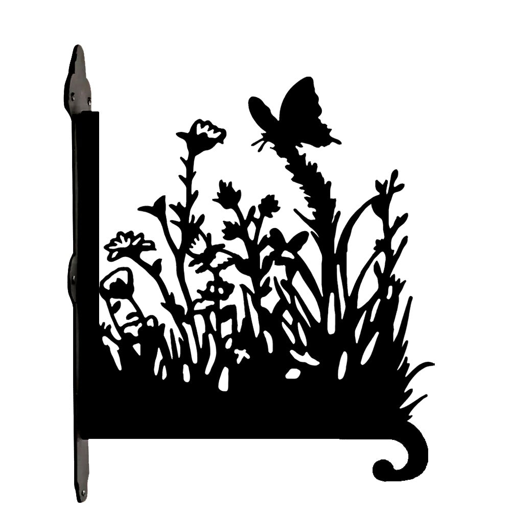 Butterfly and wildflowers meadow metal hanging basket bracket mounted on outdoor wall for plant decoration