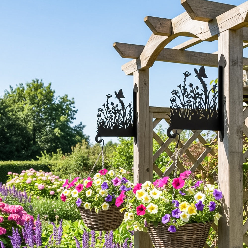 Butterfly and wildflowers meadow metal hanging basket bracket mounted on outdoor wall for plant decoration