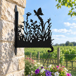 Butterfly and wildflowers meadow metal hanging basket bracket mounted on outdoor wall for plant decoration