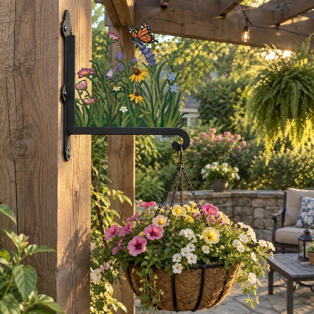 Butterfly and wildflowers meadow metal hanging basket bracket mounted on outdoor wall for plant decoration