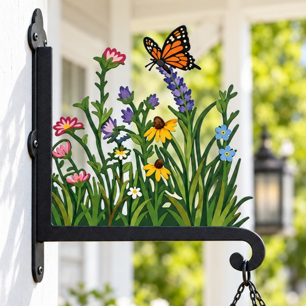 Butterfly and wildflowers meadow metal hanging basket bracket mounted on outdoor wall for plant decoration