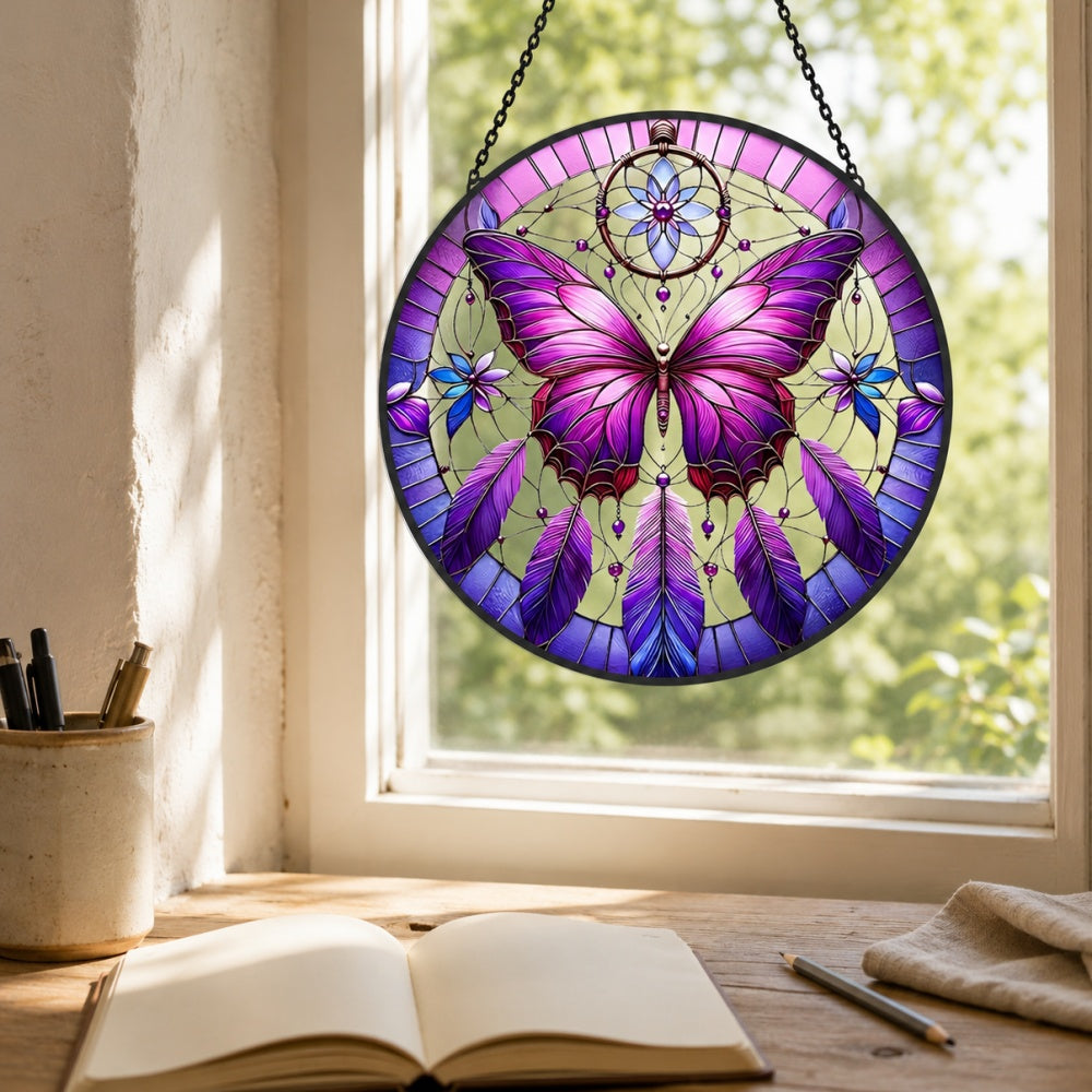 Butterfly dreamcatcher stained glass suncatcher window hanging, suitable for home and garden decoration
