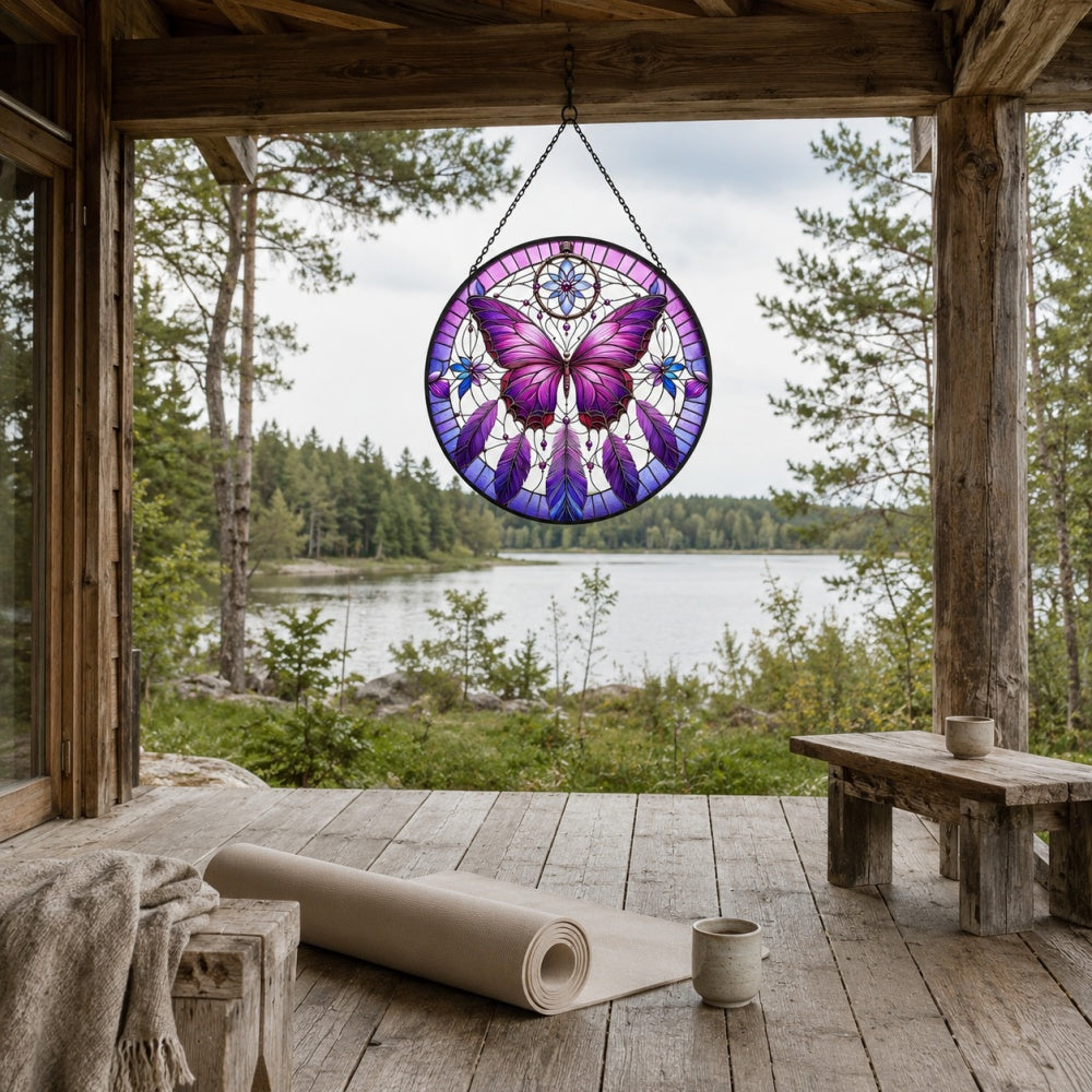 Butterfly dreamcatcher stained glass suncatcher window hanging, suitable for home and garden decoration
