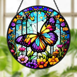 Butterfly garden floral stained glass suncatcher window hanging, suitable for home and garden decoration