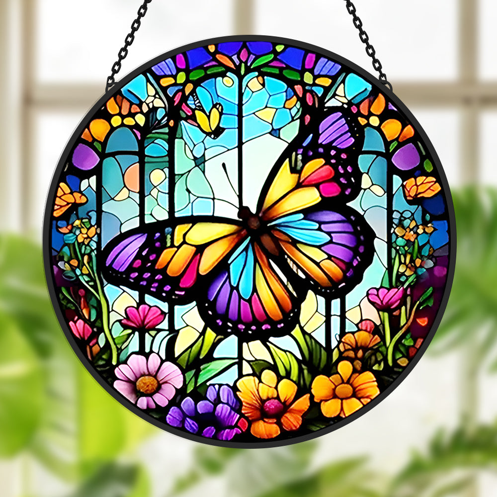 Butterfly garden floral stained glass suncatcher window hanging, suitable for home and garden decoration