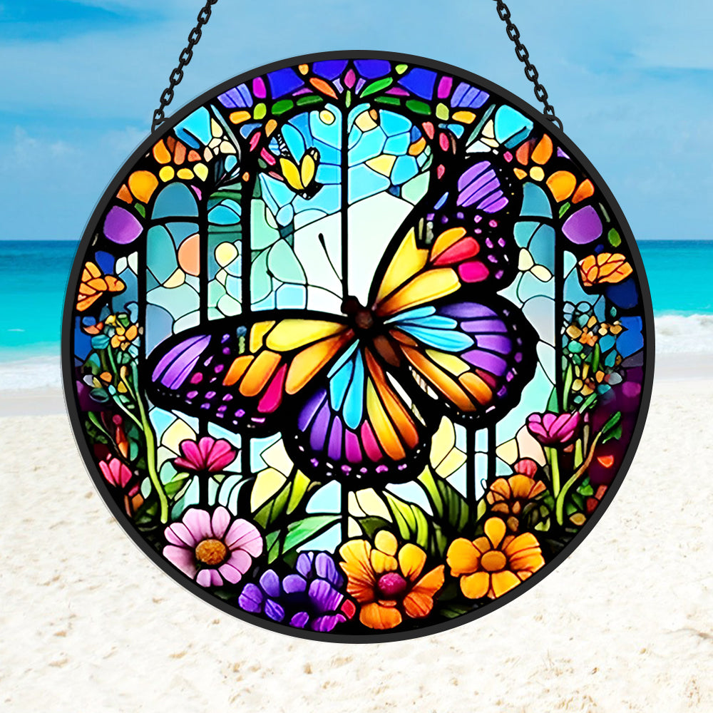 Butterfly garden floral stained glass suncatcher window hanging, suitable for home and garden decoration