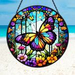 Butterfly garden floral stained glass suncatcher window hanging, suitable for home and garden decoration
