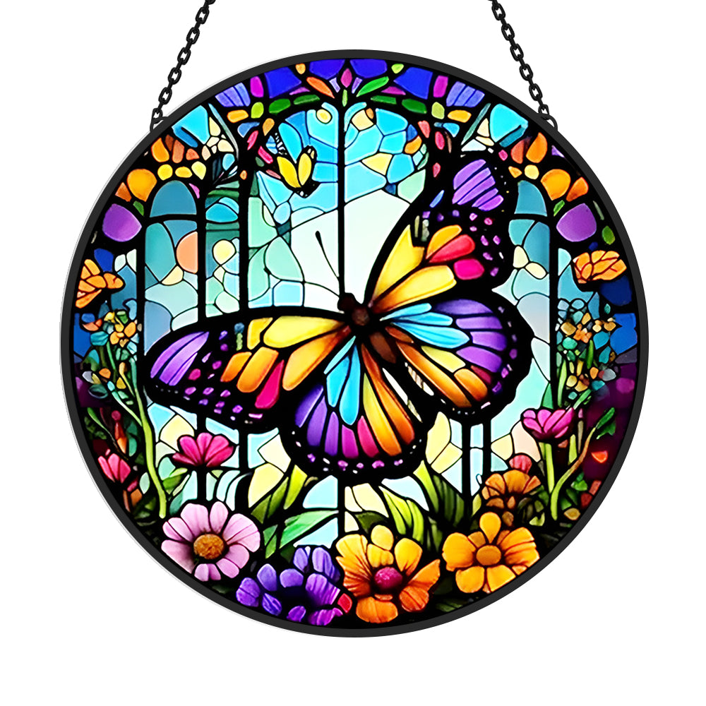 Butterfly garden floral stained glass suncatcher window hanging, suitable for home and garden decoration